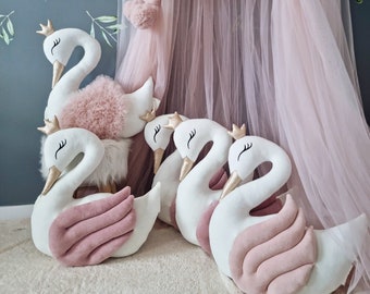 Princess Pillow swan, Decorative pillows, blush with gold or silver, Pillow Baby shower gift. Baby Room Decor, swan nursery decor crib