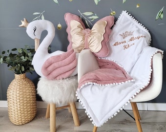 Personalized pillow set gift - princess pillow swan, butterfly, optional crib baby blanket, personalized baby gift, nursery decor blush rose