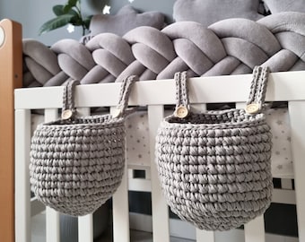 Hanging storage basket gray, knitted storage basket, nursery crib basket, organizer, new mom pregnancy gift, girl boy room decor toy pocket
