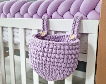 Hanging storage basket lavender, knitted crib basket nursery storage basket organizer baby shower gift baskets for kids bed decor toy pocket