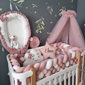 Tour de Lit Tressé pour Bébé 3,6m Rose Blanc