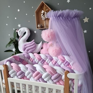 Tour de lit bébé 60cm large, nuages, 5 coussins, rose pâle et