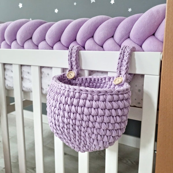 Hanging storage basket lavender, knitted crib basket nursery storage basket organizer baby shower gift baskets for kids bed decor toy pocket