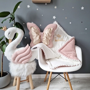 Set di cuscini regalo personalizzati: cuscino principessa cigno, cuscino farfalla rosa, copertina per culla opzionale con nome, regalo personalizzato