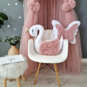 Personalized pillow set. Princess pillow swan, butterfly, cloud, crib baby blanket. Baby gift, baby girl pink room decor blush rose