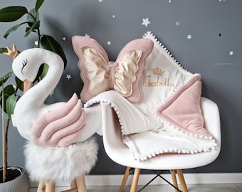 Personalized pillow set gift - princess pillow swan, pillow butterfly blush, optional crib baby blanket with name, personalized gift