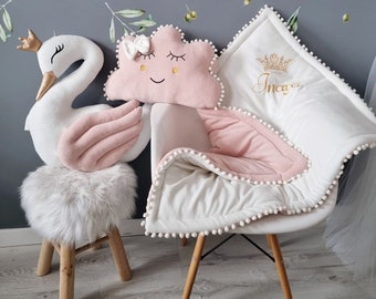 Personalized pillow set gift - princess pillow swan, pillow cloud blush, optional crib baby blanket with embroidered name, personalized gift