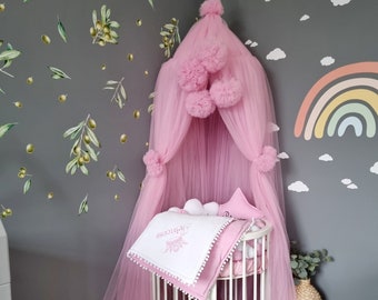Pink Princess canopy bed curtains, Baby baldachine, Hanging Ceiling crib canopy, play tent girls boys, Nursery Baby room decor pink