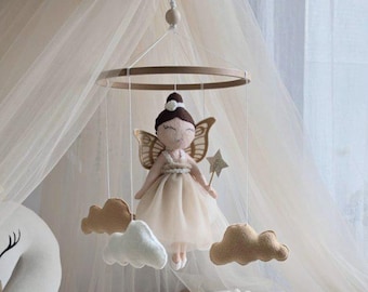 Beige Baby Mobile with Fairy. Girl Nursery Decor. Newborn Gift. Felt Crib Mobile