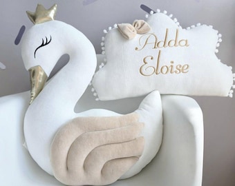 Personalized pillows - princess swan pillow, personalized cloud pillow, optional other pillows and baby blanket. Neutral nursery decor