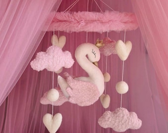 Swan Baby Mobile. Pink Nursery Decor. Baby Shower Gift for Newborn. Crib Decor