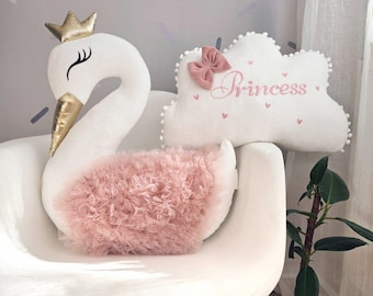 Nursery pillows set - decorative swan pillow, Custom cloud pillow, personalized baby blanket, Personalized baby gift. Nursery decor