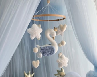 Swan baby mobile girl or boy. Blue Nursery decor. Baby shower gift.