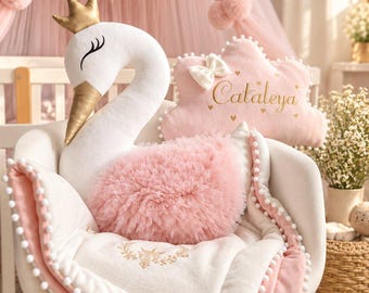 Baby Pillows Set - Personalized Baby Blanket, Princess Swan Pillow, Cloud Pillow Baby Name, Personalized baby gift. Light pink nursery decor