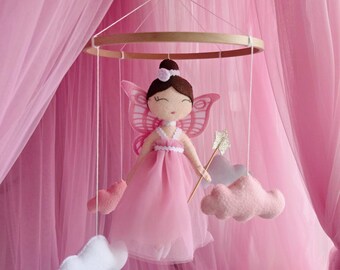 Pink Baby Mobile with Fairy. Girl Nursery Decor. Newborn Gift. Felt Crib Mobile