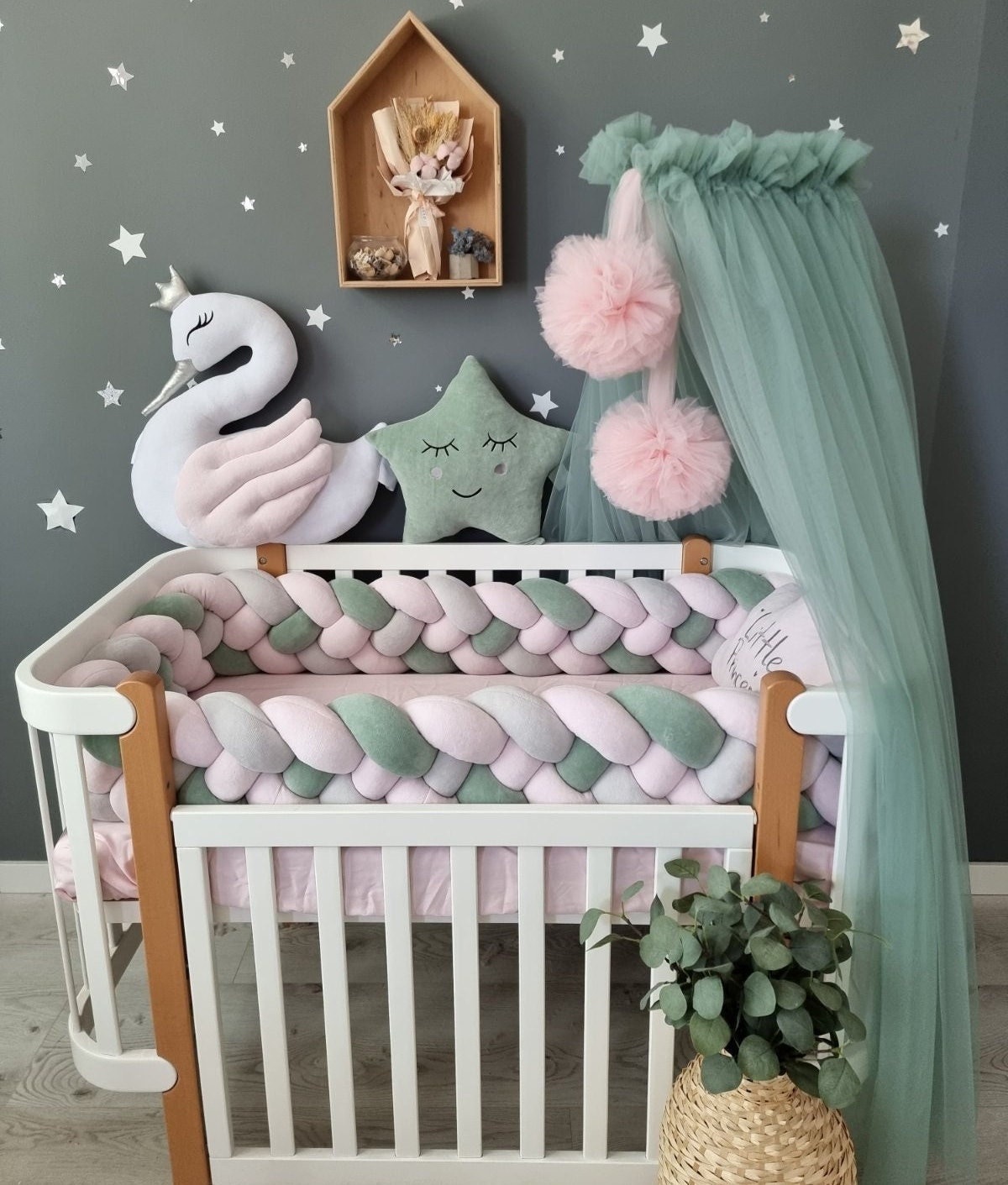 Green Braided Baby Girl Cot Bumper, Charlie and Charlotte
