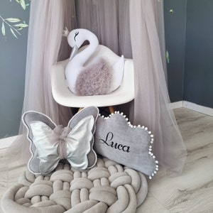 Personalized bedding set gray - pillow swan, cloud, optional crib baby blanket with name, baby shower gift, personalized gift nursery decor