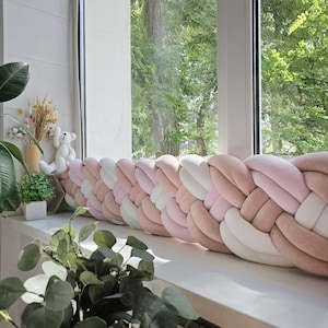 Braided pillow bolster draft stopper. Door or window draft barrier. Noise protector nursery. Blush Knot pillow. Decorative cushion for sofa