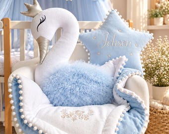 Baby Gift - Personalized Baby Blanket, Princess Swan Pillow, Cloud Pillow Baby Name, Personalized baby gift. Blue Nursery decor