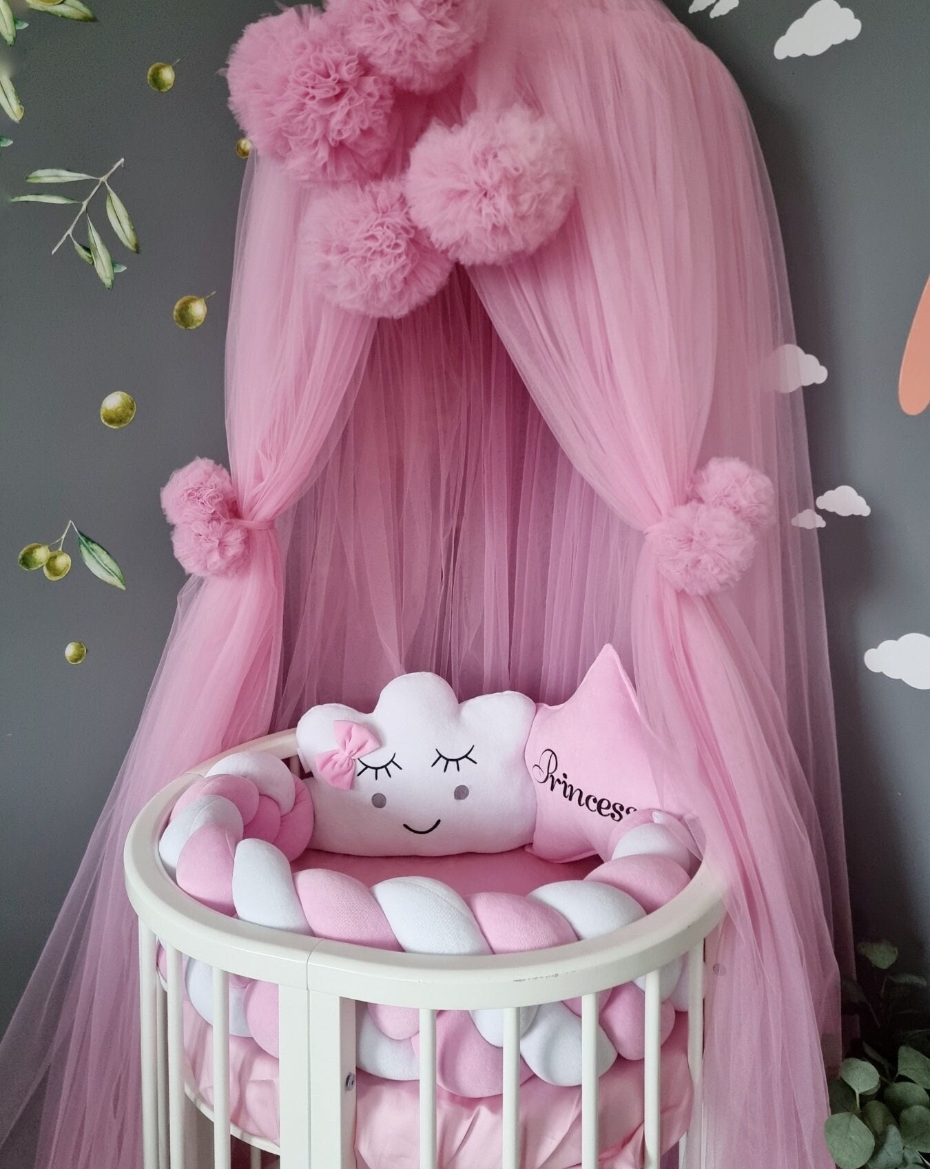 Pink Princess canopy bed curtains, Baby baldachine, Hanging Ceiling crib canopy, play tent girls boys, Nursery Baby room decor pink