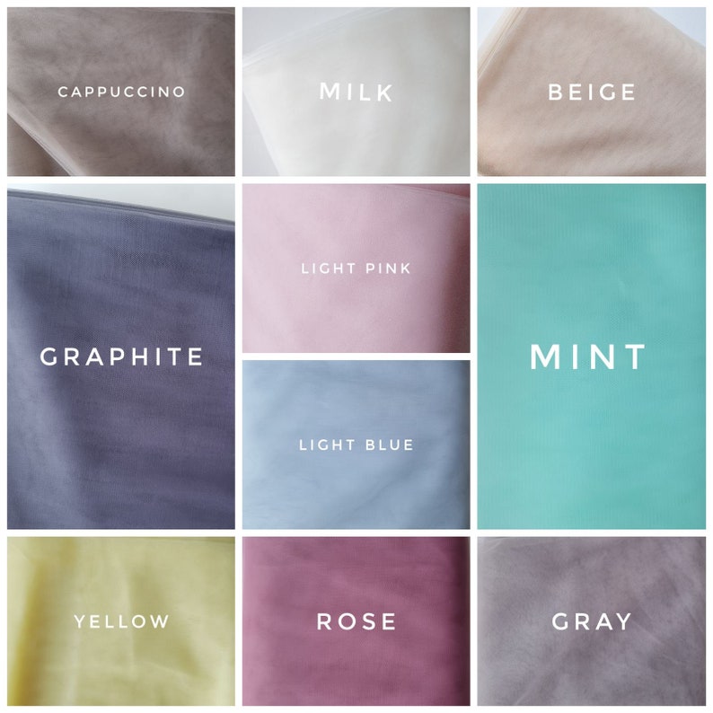 May include: Nine fabric swatches in different colors, including cappuccino, milk, beige, graphite, light pink, mint, light blue, yellow, rose, and gray.