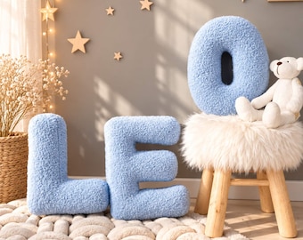 Letter Pillow. Boucle alphabet blue pillow, decorative pillow, personalized kids pillow, Initial cushion, nursery decor, monogram pillow