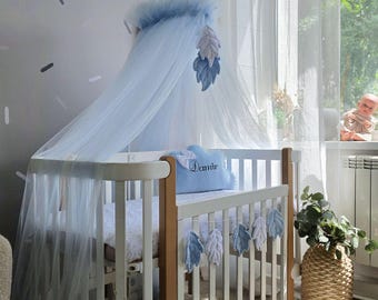 Blue Crib Canopy (no pillows, no bumpers), bed canopy curtains, Boy nursery decor, baby boy room decor