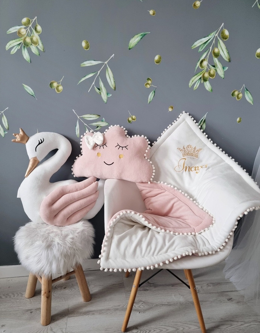 Personalized Pillow Set Gift Princess Pillow Swan, Pillow Cloud Blush