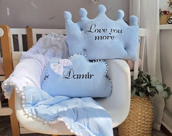 Personalized pillow set - pillow crown, pillow cloud, crib baby blanket with embroidered name, Baby shower gift, baby boy pillows