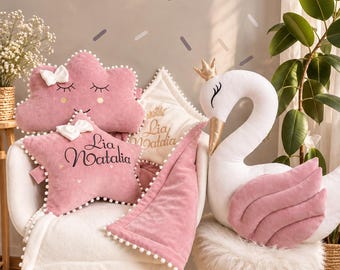 Personalized pillow set - princess pillow swan, pillow cloud blush rose, optional crib baby blanket with embroidered name, nursery pillows