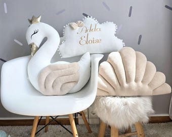 Personalized pillows - princess swan pillow, personalized cloud pillow, shell pillow, optional other pillows. Neutral nursery decor