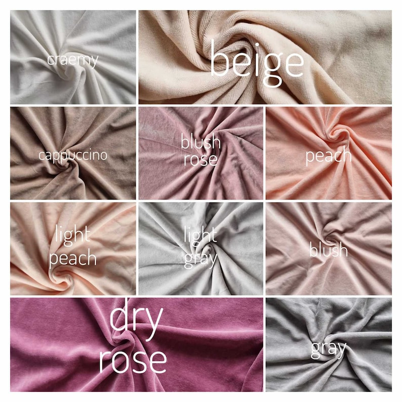 K&ouml;nnte beinhalten: Eine Collage aus 10 Stoffproben in verschiedenen Farbt&ouml;nen von Beige, Pfirsich, Rosa und Grau. Die Proben sind in einem Raster angeordnet und jede Probe tr&auml;gt eine beschreibende Bezeichnung, wie "cremig", "beige", "Blush Rose", "hell Pfirsich", "hell Grau", "Blush", "Trockene Rose" und "Grau".