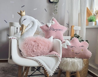Personalized nursery pillows set - decorative swan pillow, cloud pillow, personalized baby blanket, Newborn gift. Girl Nursery decor