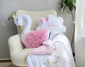 Baby pillow swan, Personalized pillow cloud, optional crib baby blanket. Personalized baby gift. Pink nursery decor