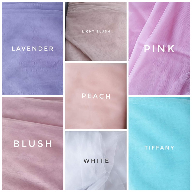 May include: A collage of six different colors of tulle fabric swatches. The colors are lavender, light blush, peach, pink, blush, and tiffany blue.