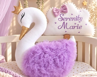 Baby Nursery pillows. Swan pillow, cloud pillow baby name, personalized baby blanket, Personalized baby gift. Lavender Girl Nursery decor