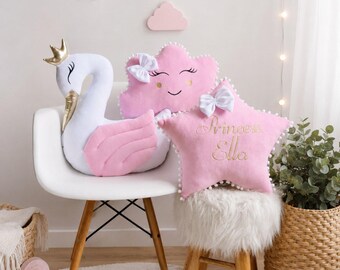 Personalized pillows - princess swan pillow, cloud pillow, personalized star pillow, optional other pillows. Nursery decor