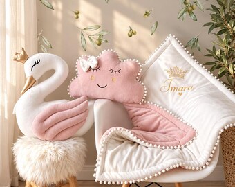 Personalized pillow set - princess swan pillow, cloud pillow blush, optional crib baby blanket with embroidered name, nursery pillows