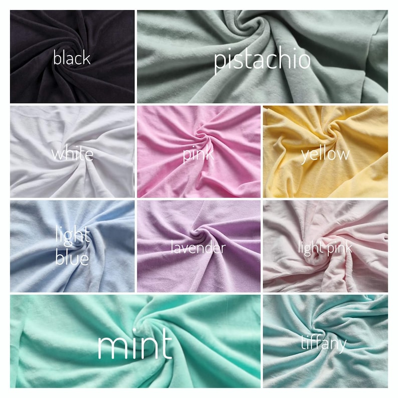 K&ouml;nnte beinhalten: Eine Sammlung von Stoffproben in verschiedenen Farben, darunter Schwarz, Wei&szlig;, Pistazie, Rosa, Gelb, Hellblau, Lavendel, Hellrosa, Minze und Tiffany.