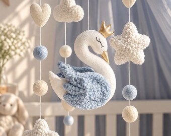 Nursery Baby Mobile. Blue Swan Nursery Decor. Baby Shower Gift for Newborn. Crib Decor. Baby room decor. Hand made nursery decor