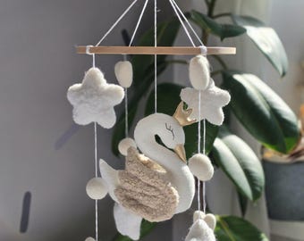 Swan baby mobile girl. Beige Princess Nursery decor. Baby shower gift.