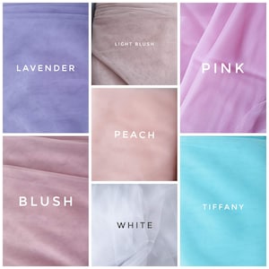 May include: A collage of six different colors of tulle fabric swatches. The colors are lavender, light blush, peach, pink, blush, and tiffany blue.