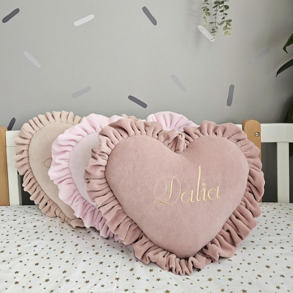 Personalized heart pillow for girl, Decorative pillow embroidered name, Baby shower gift. Princess Room Decor. Kids nursery decor.