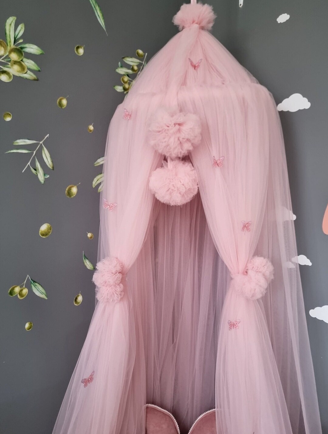 Light Pink Princess Tent Bed Canopy With Butterflies Hanging Ceiling
