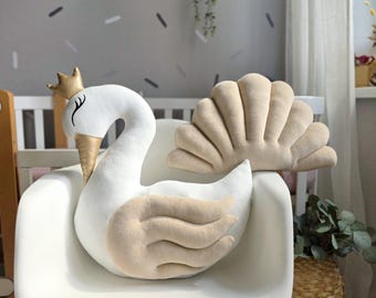 Nursery pillows - princess swan pillow, shell pillow, optional other pillows. Neutral Nursery decor, Baby gift