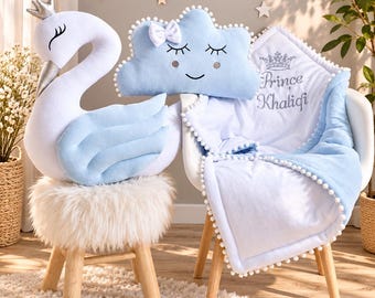 Personalized baby pillow set - swan pillow, cloud pillow, crib baby blanket with embroidered name, Baby shower gift, boy nursery pillows