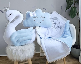 Personalized pillow set - pillow swan, pillow cloud, crib baby blanket with embroidered name, Baby shower gift, baby boy pillows