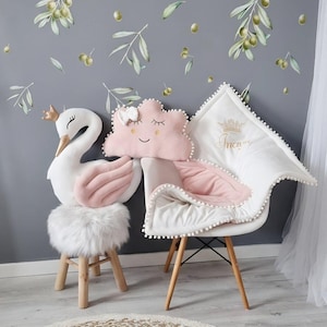 Personalized pillow set gift - princess pillow swan, pillow cloud blush, optional crib baby blanket with embroidered name, personalized gift