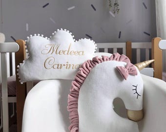 Baby pillows set. decorative unicorn pillow, personalized cloud pillow, personalized baby blanket, Baby gift. Nursery decor