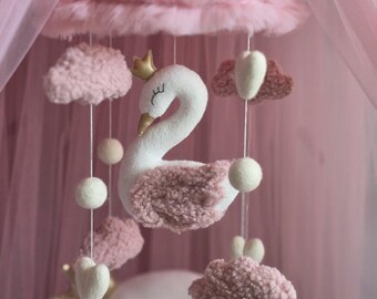 Swan baby mobile girl. Light pink Princess Nursery decor. Baby shower gift.